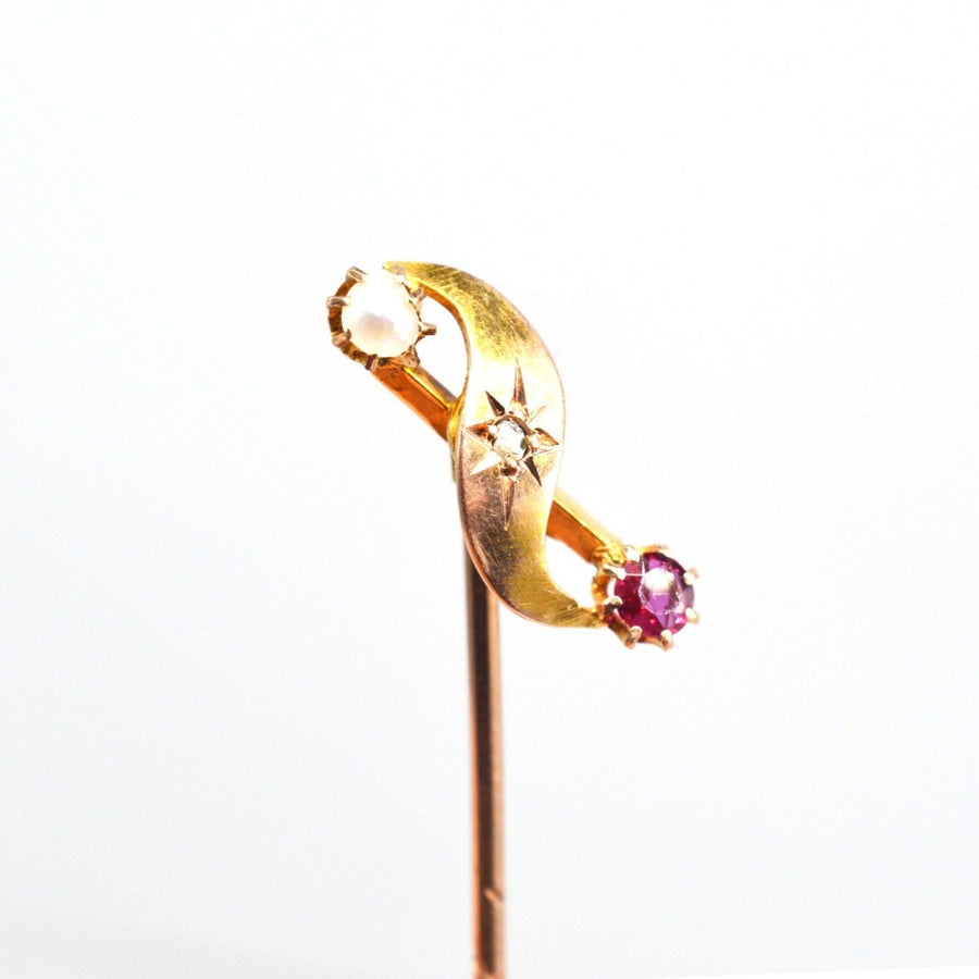 Viktorianische 9ct Gold Perle, Rubin und Stern - Set Diamant Krawattennadel | Parkin und Gerrish | Antike & Vintage-Schmuck