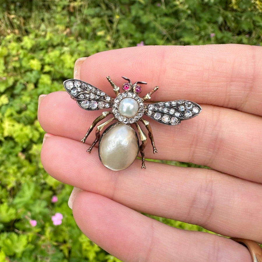 Viktorianische Bienenbrosche mit geschliffenen Diamanten, Perlen und Rubinen, in der Hand gehalten vor einem grünen Hintergrund.