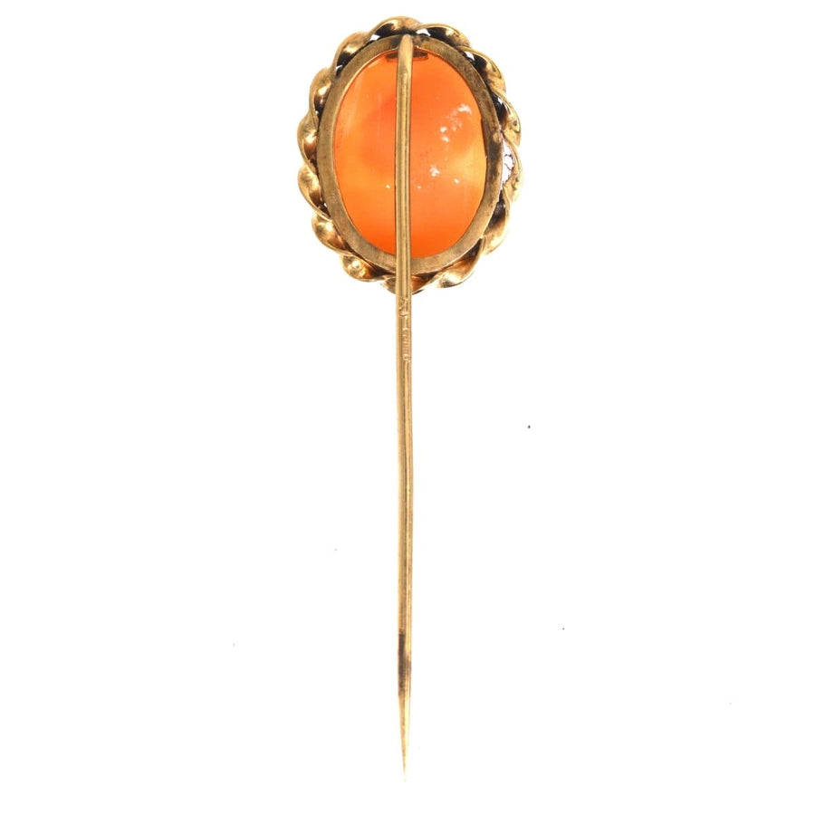 Vintage 1970s 9ct Gold viktorianischen Wiederbelebung Shell Kamee Krawattennadel mit verzierten ovalen Rahmen und orange Kamee.