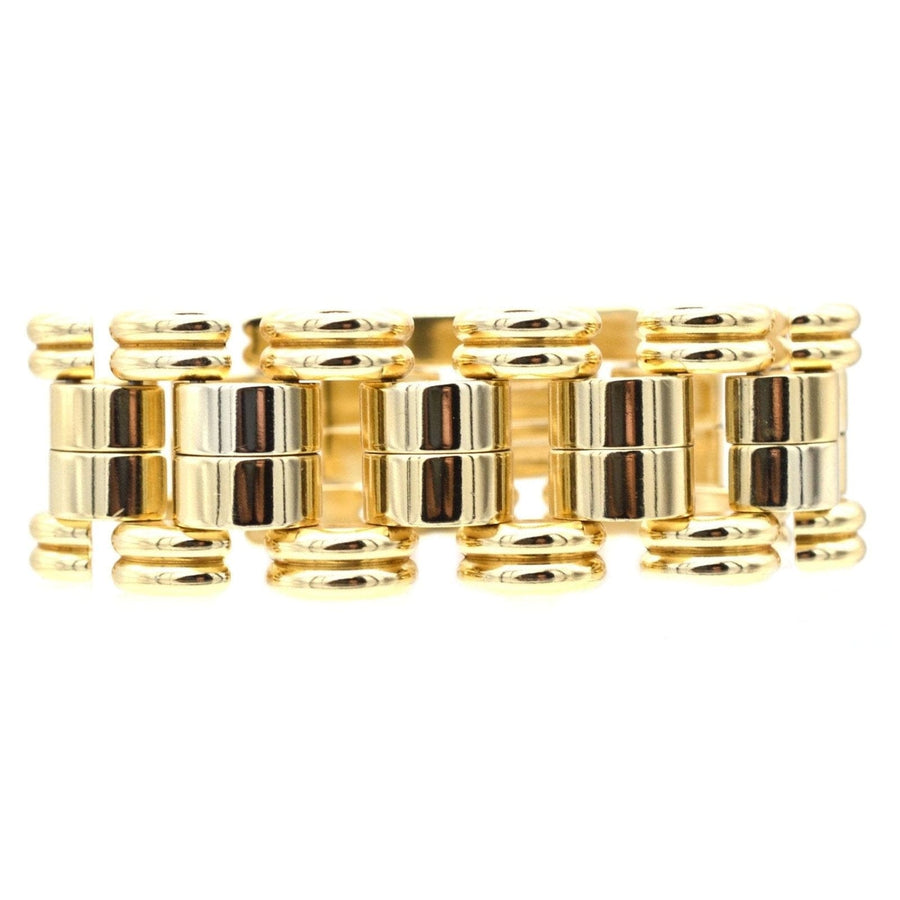 Geometrisches, goldfarbenes Panzerarmband von de Farre aus den 1940er Jahren, inspiriert von den zeitlosen Designs von Cartier.