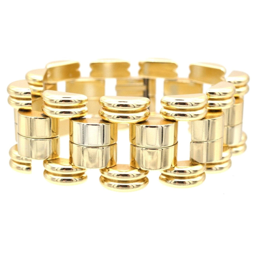 Französisches, geometrisches, goldfarbenes Panzerarmband von de Farre aus den 1940er Jahren im Retro-Design, inspiriert von den ikonischen Stilen von Cartier.