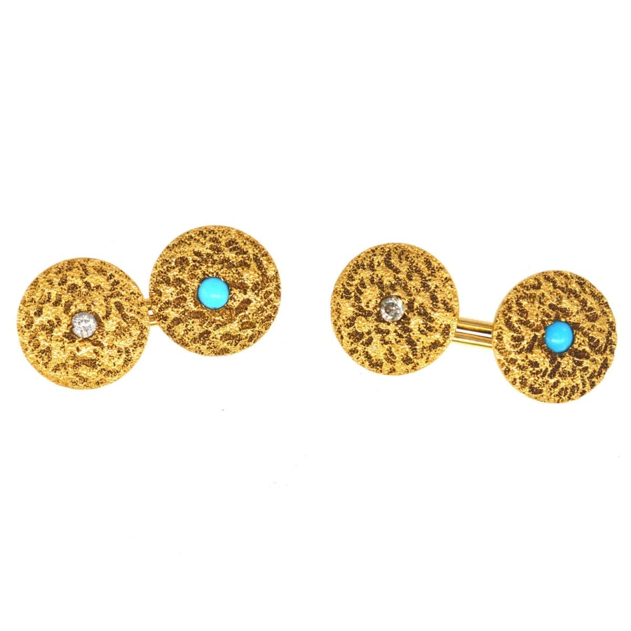 1960er Jahre strukturierte Goldmanschettenknöpfe mit Diamanten und Türkis, elegantes Vintage-Schmuckaccessoire.