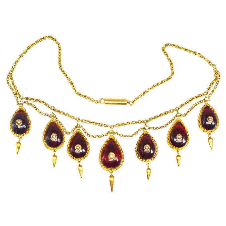Goldkette aus dem 19. Jahrhundert mit Granaten und Saatperlen, elegantes Schmuckstück aus den 1870er Jahren.