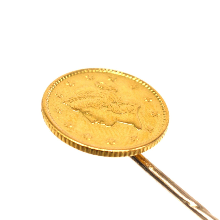 Amerikanische 1-Dollar-Goldmünze mit Freiheitskopf aus dem 19. Jahrhundert als Krawattennadel, ideal für Seidenkrawatten oder Revers.
