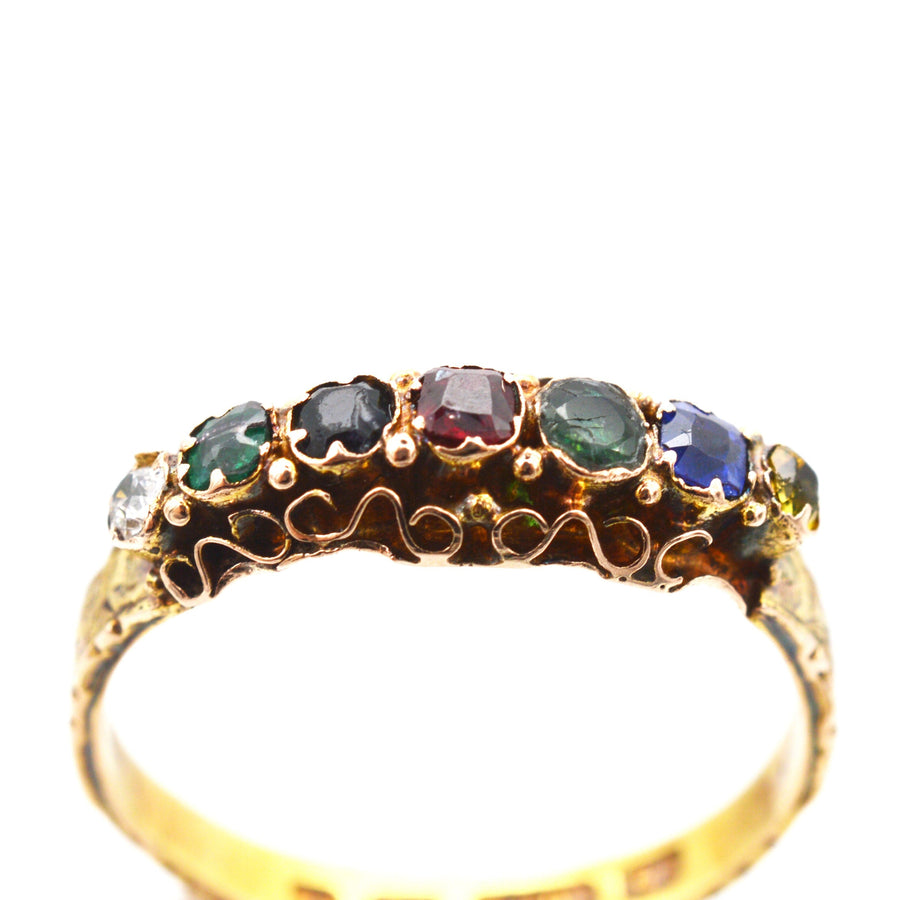 Viktorianischer Akrostichon-Ring aus 15-karätigem Gold mit Diamanten, Smaragden, Amethysten, Rubinen, Saphiren und Topasen mit der Aufschrift "Dearest".