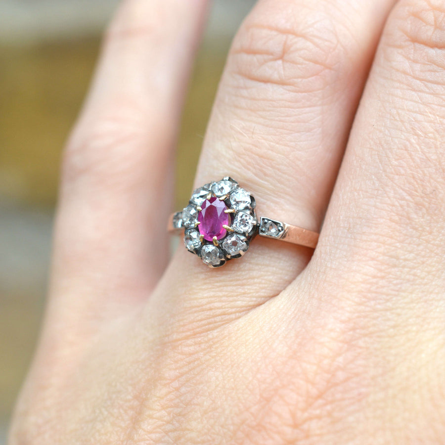 Victorian silver and rose gold cluster ring featuring a Burma ruby and old mine cut diamonds.