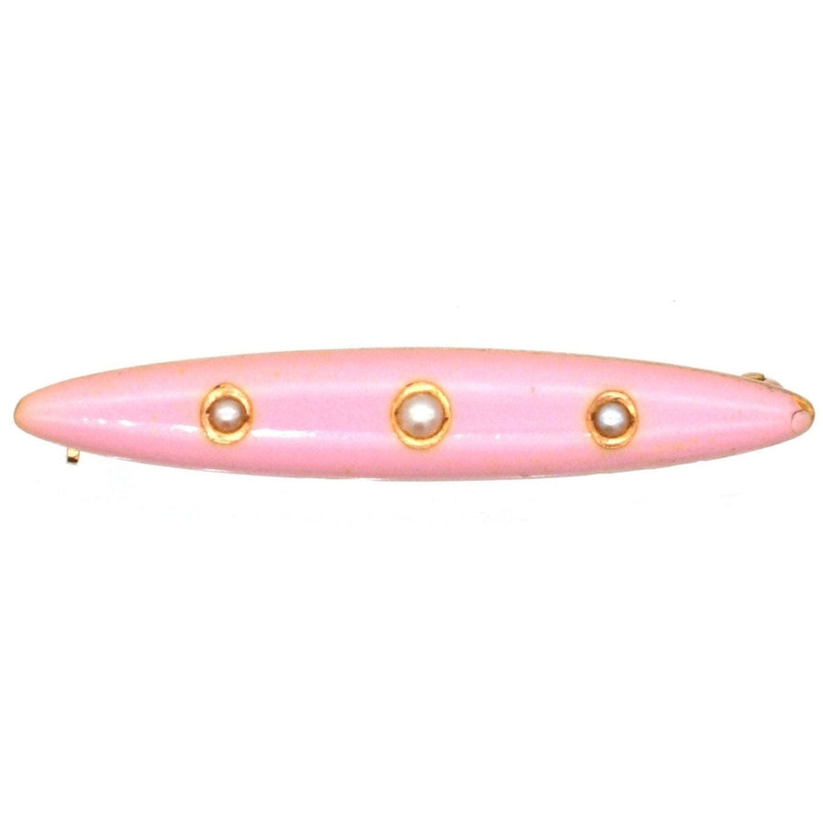 Amerikanische edwardianische Brosche aus 14-karätigem Gold, rosa Emaille mit drei geteilten Perlen, ideales Geschenk zur Taufe für kleine Mädchen.