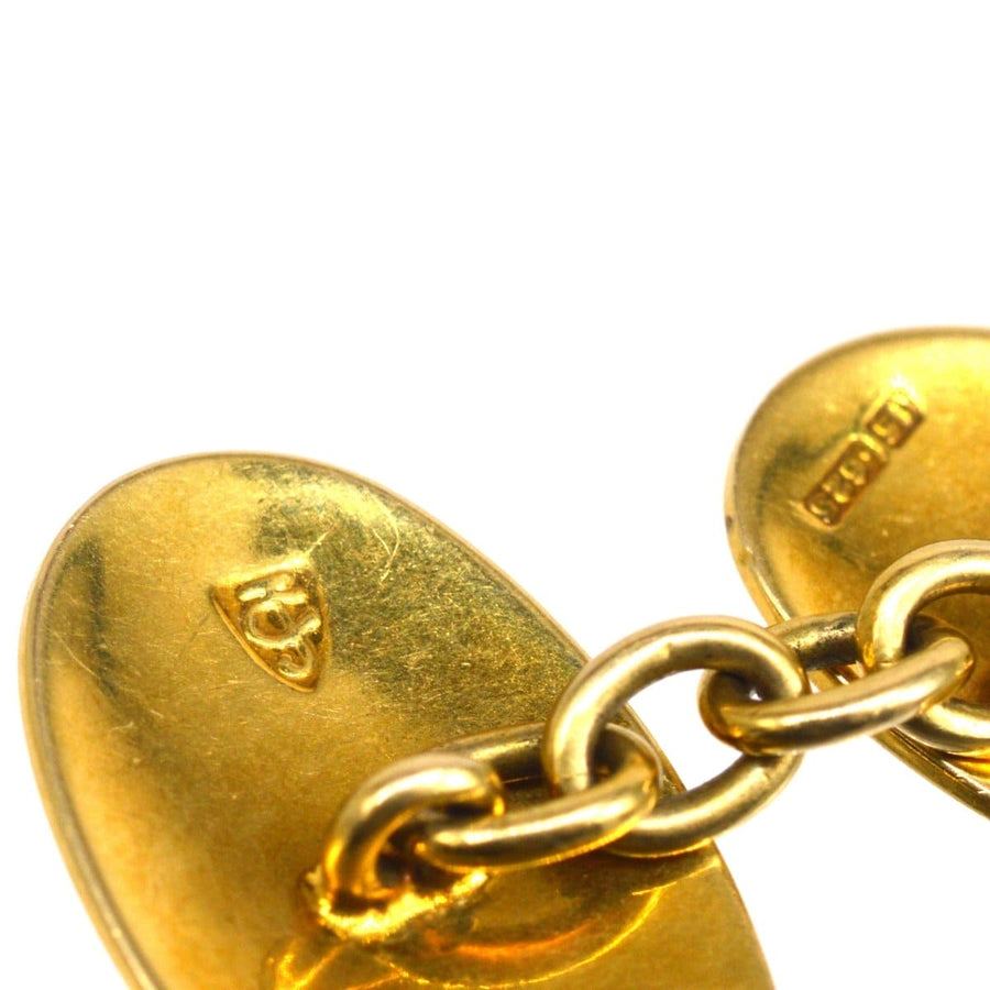 Art Deco Manschettenknöpfe aus 15-karätigem Gold, schlichtes Oval mit Kettendetail, Vintage-Schmuck aus dem Jahr 1926, ungraviertes klassisches Design.
