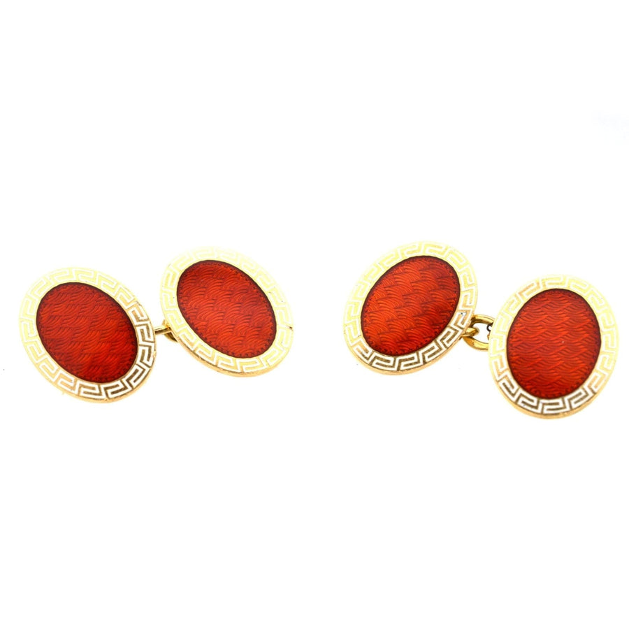 Art Deco Manschettenknöpfe aus 18 Karat Gold von Cropp & Farr mit roter Emaille und griechischem Schlüsselmuster, hergestellt im Jahr 1926.