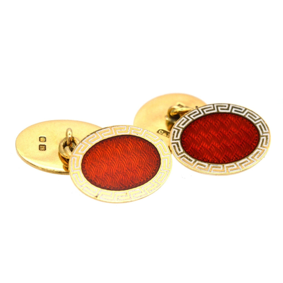 Art Deco Manschettenknöpfe aus 18 Karat Gold von Cropp & Farr mit leuchtend roter Emaille und griechischem Schlüsselmuster aus dem Jahr 1926.