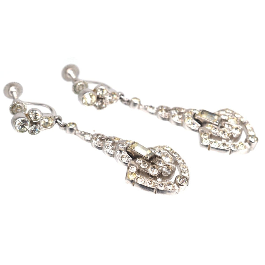 Art Deco 1930s chrome screw top long drop earrings with realistic paste stones.