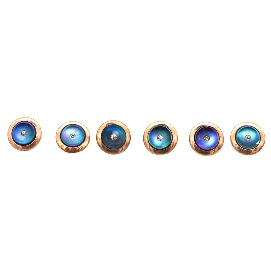 Art-Deco-Set aus vergoldetem Silber mit schwarzem Perlmutt und Strassdiamanten im Originaletui, das schillernde Farben zeigt.