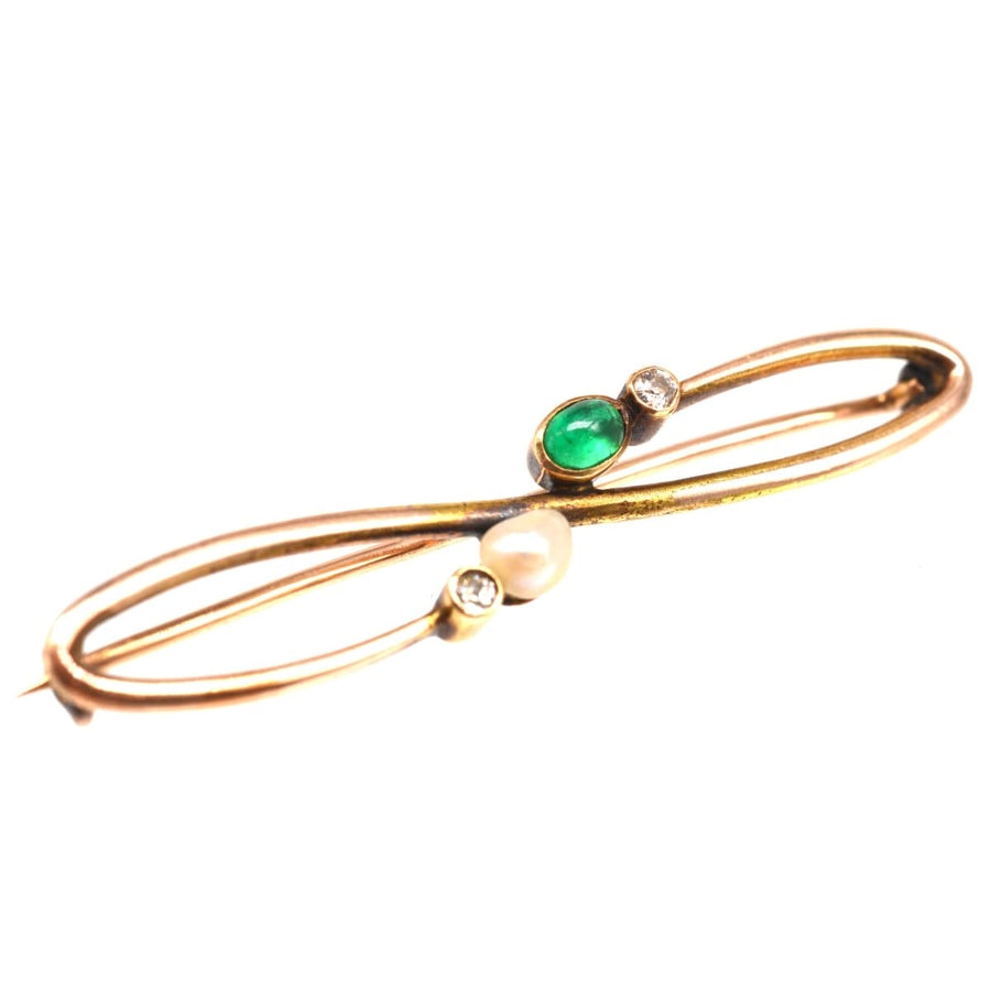 Jugendstil-Brosche aus 15-karätigem Gold mit einem Smaragd, einer Naturperle und Diamanten, elegantes Accessoire für das Revers.