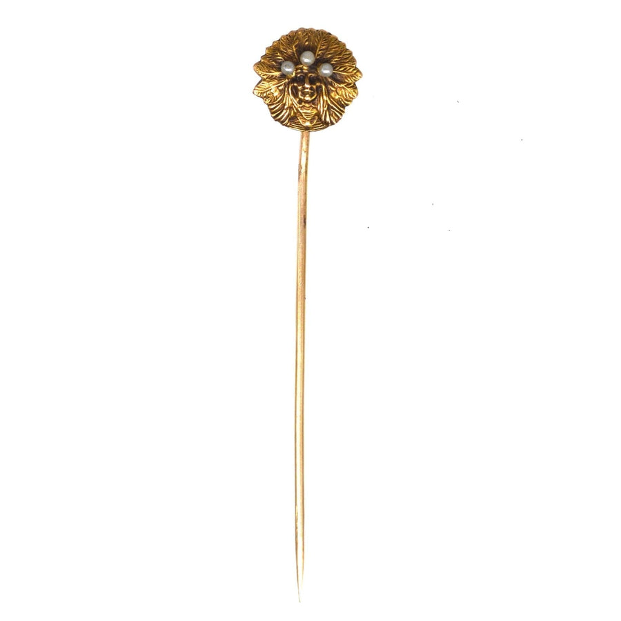 Indianerhäuptlingsnadel aus 15-karätigem Gold des frühen 20. Jahrhunderts, verziert mit Perlen, ideal für Krawatten oder Revers.