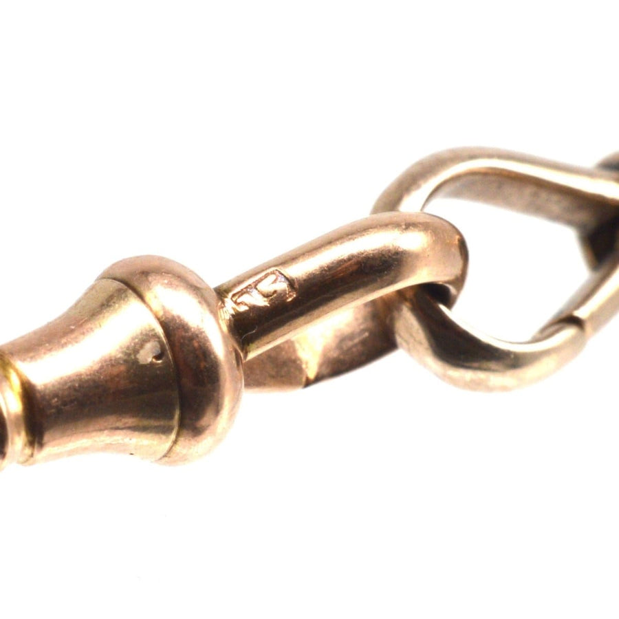 Nahaufnahme einer edwardianischen Albert-Kette aus 15 Karat Gold mit Hundeclip, die das komplizierte Design und die Handwerkskunst zeigt.