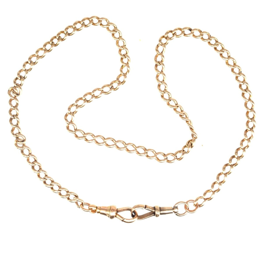 Edwardian 15ct Gold Albert Kette Halskette mit Hund Clips, präsentiert komplizierte Links und ein klassisches Design.