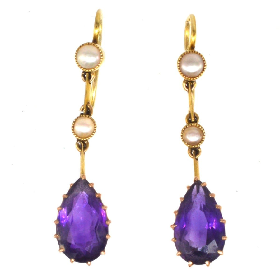 Edwardian 15ct Gold Tropfen Ohrringe mit birnenförmigen Amethyst und Split Perle Akzente, elegante Vintage-Schmuck.