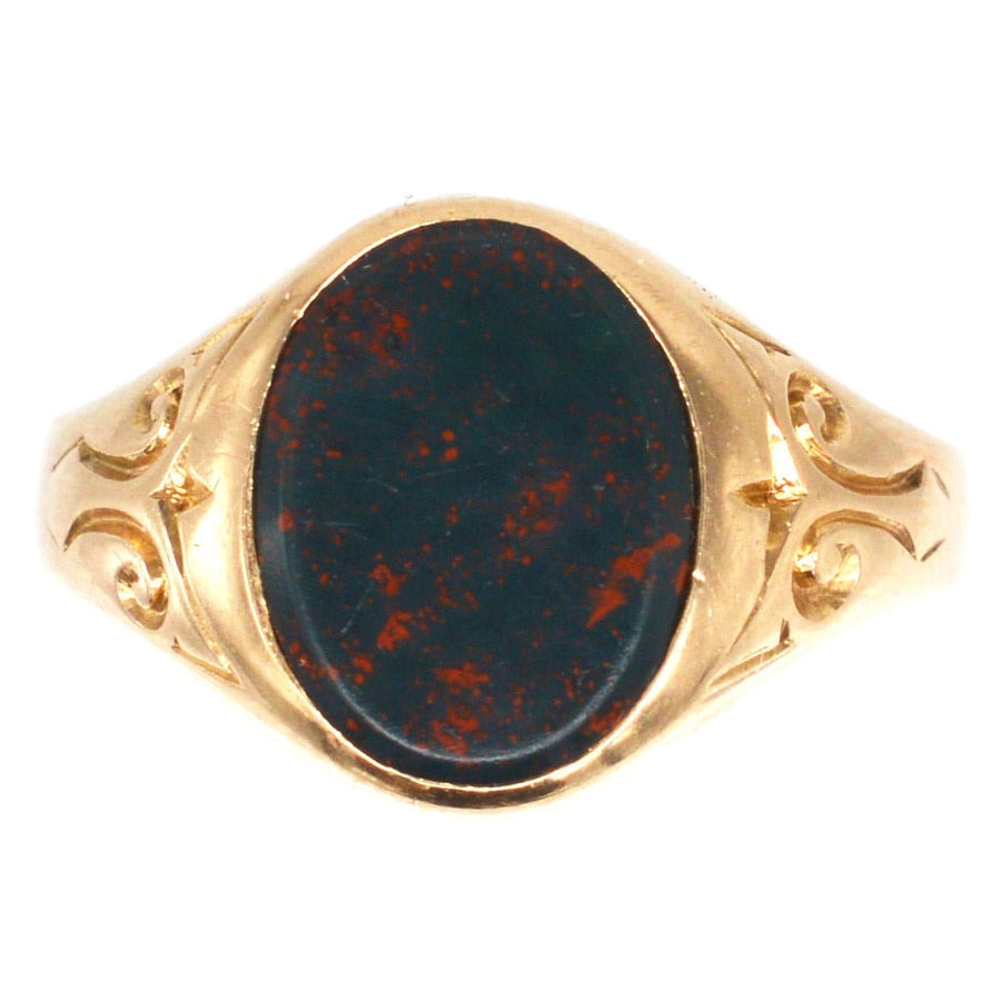 Edwardian 15ct Gold Blutstein Siegelring, mit komplizierten Gravur und einem tief grünen Blutstein Mittelstück.