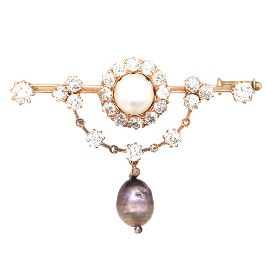 Edwardian 15ct Gold Bar Brosche mit Diamant-Cluster und natürliche schwarze Perle Tropfen.