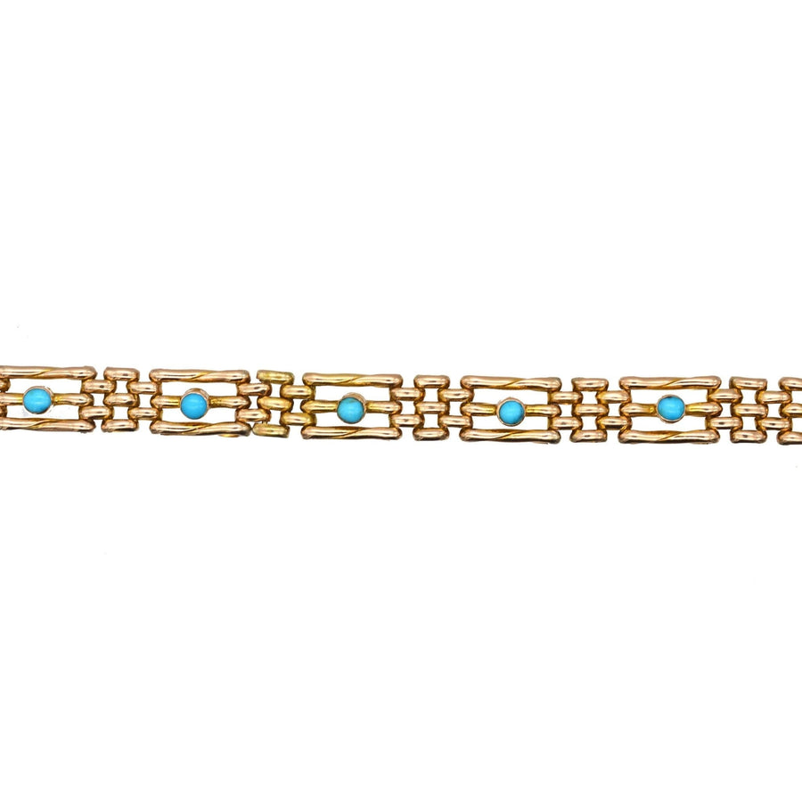 Edwardianisches 15-karätiges Goldarmband mit türkisfarbenen Steinen, elegantes und zeitloses Design für jede Gelegenheit.