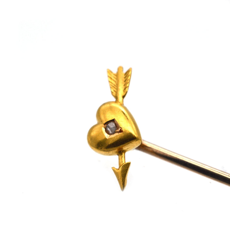 15ct gold heart and arrow tie pin with rose diamond, Edwardian-era jewelry from around 1900.