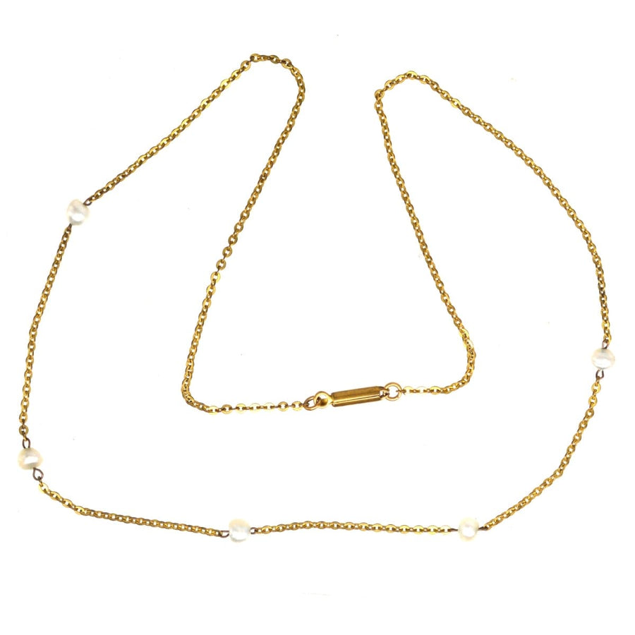 15 Karat Goldkette mit fünf natürlichen Perlen, elegantes edwardianisches Design aus den frühen 1900er Jahren.