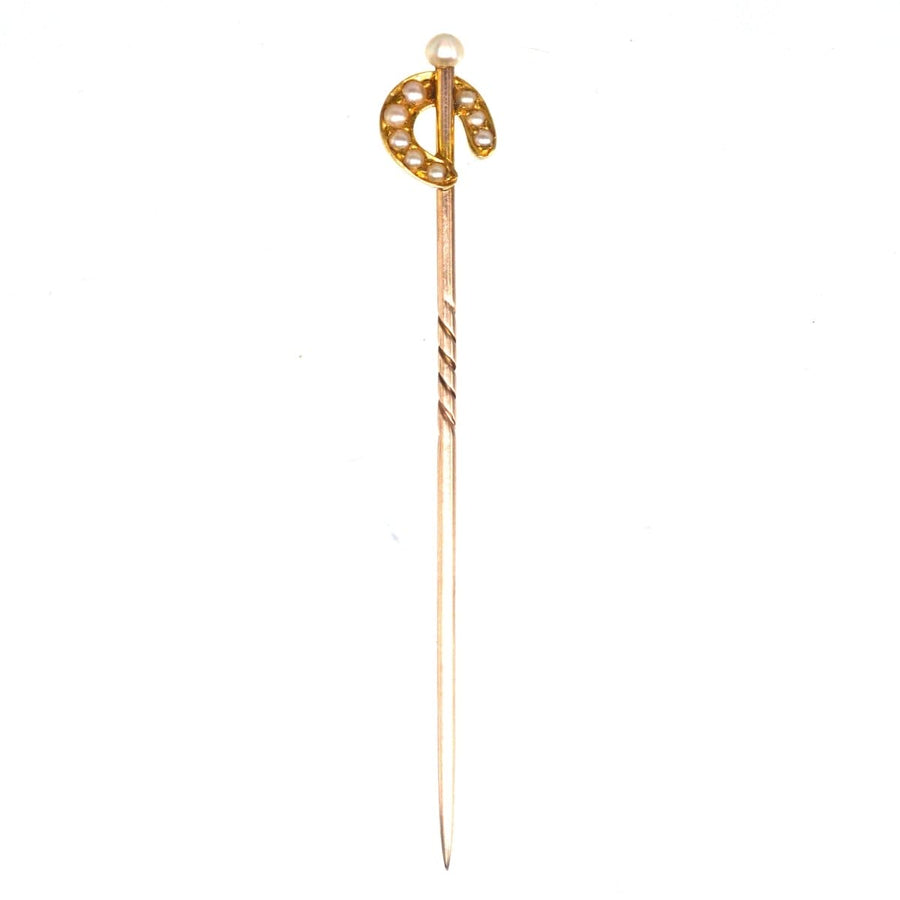Edwardian 15ct Gold Perle Hufeisen Krawattennadel mit natürlichen Perle, symbolisiert Glück und Schutz.