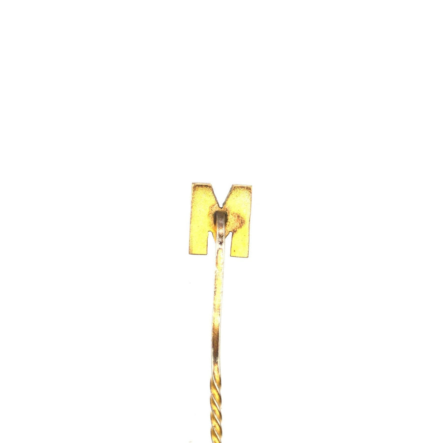 Edwardian 15ct gold tie pin shaped like letter 'M' with seed pearls, perfect for stylish accessorizing.