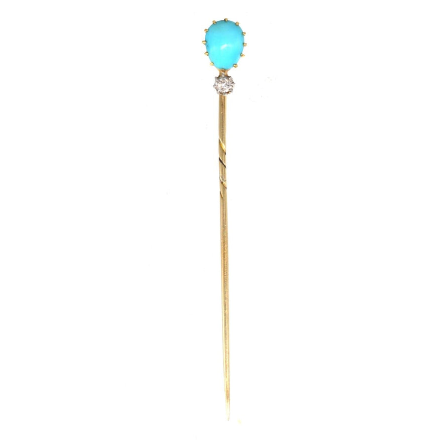 Edwardianische Krawattennadel aus 15 Karat Gold mit birnenförmigem Türkis und Diamant-Akzent, Vintage-Schmuck des frühen 20. Jahrhunderts.