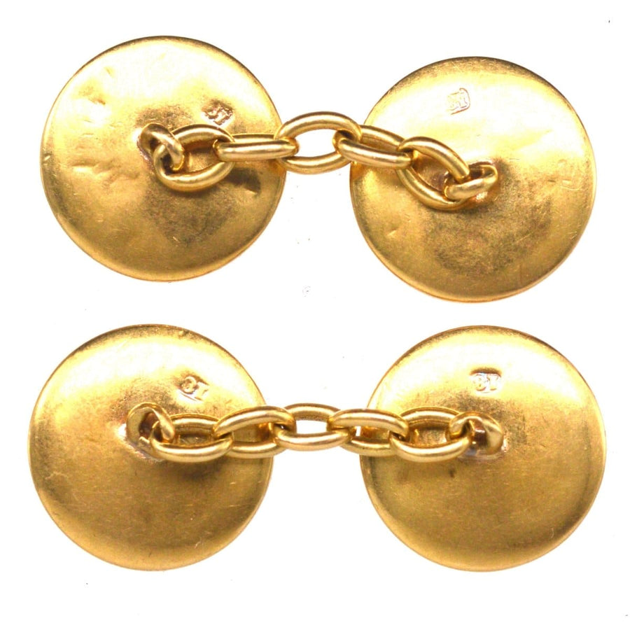 Elegante edwardianische Manschettenknöpfe aus 18-karätigem Gold mit klassischem Knopfdesign und Kettengliedanschluss.
