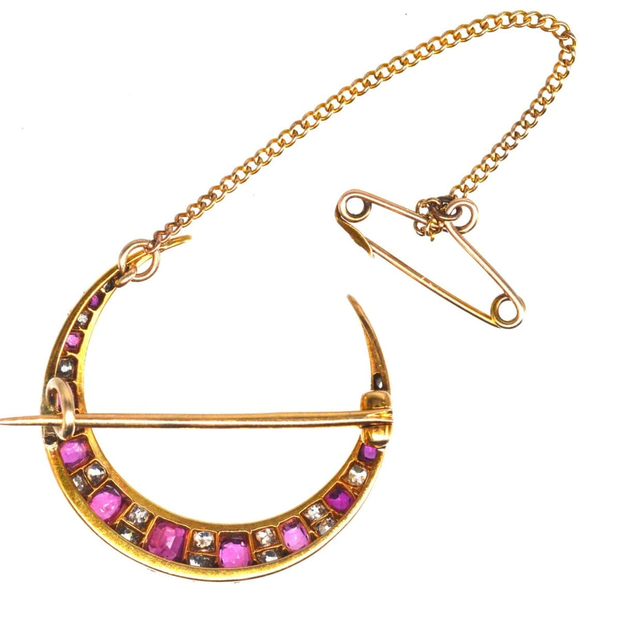 Edwardian 18ct Gold Mondsichel Brosche mit Rubin und Diamanten Akzente