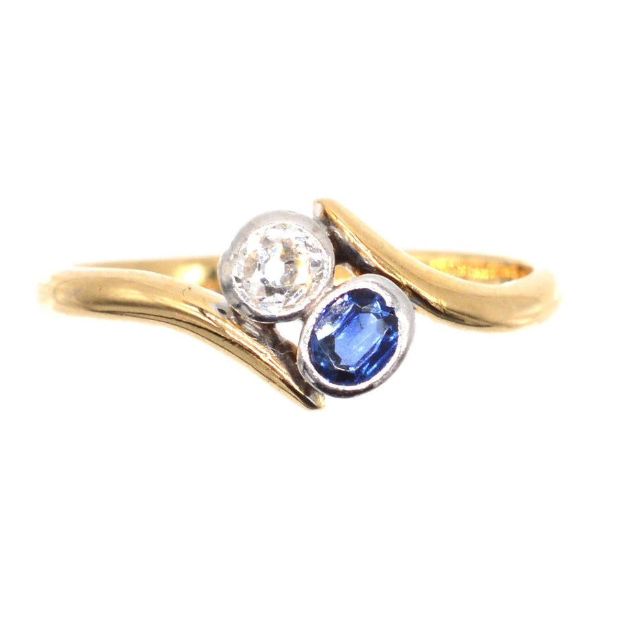 Edwardian 18ct Gold Crossover Ring mit Diamant und Saphir, perfekte romantische Verlobung Stück.