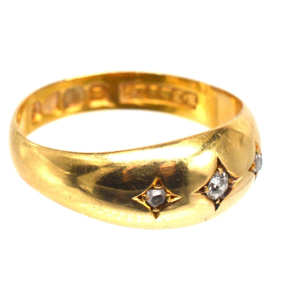 Edwardian 18ct gold gypsy ring featuring three diamond stones, hallmarked Chester 1897, modern vintage style.