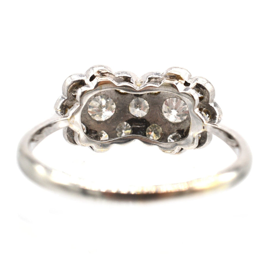 Edwardian 18ct Weißgold und Platin Doppel-Cluster-Diamantring mit funkelnden Diamanten.