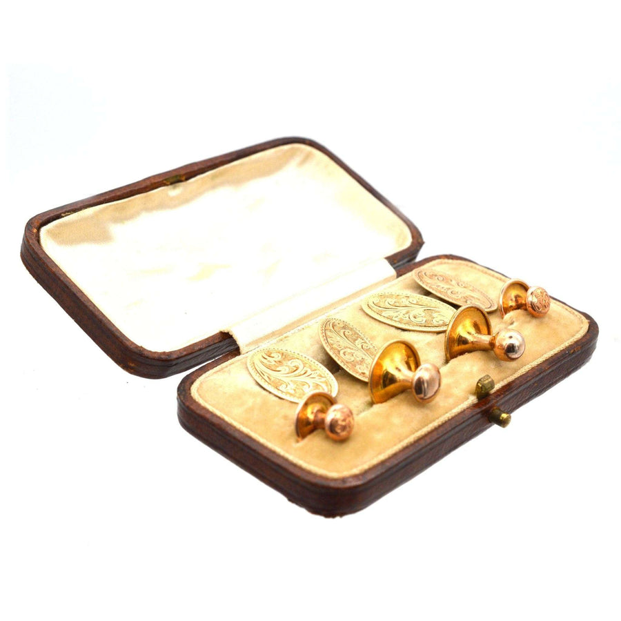 Edwardian 9ct Gold Manschettenknöpfe und Kleid Set in einem Vintage-Box, zeigt komplizierte Laub Design, ca. 1890-1910.
