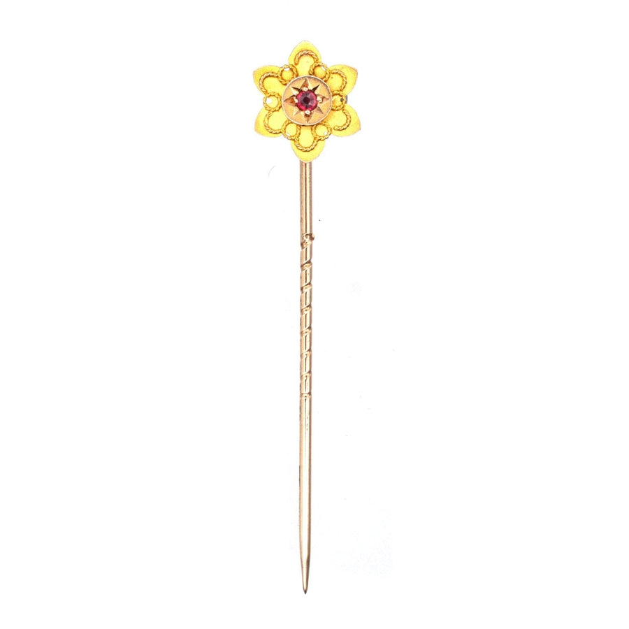 Edwardian 9ct gold flower tie pin featuring a ruby, perfect for stylish silk ties, made by E F Braham Ltd circa 1900.