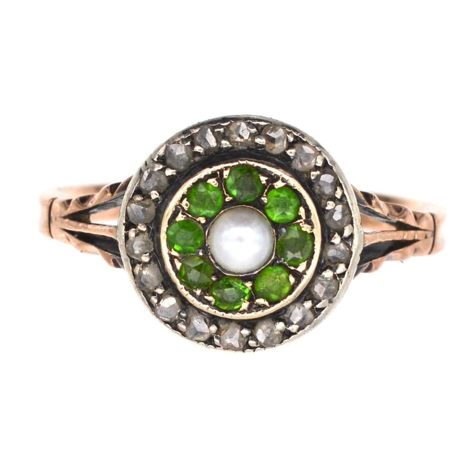 Edwardian 9ct Gold Zielring mit grünen Granaten, Diamant-Akzenten, und eine natürliche Perle Zentrum.