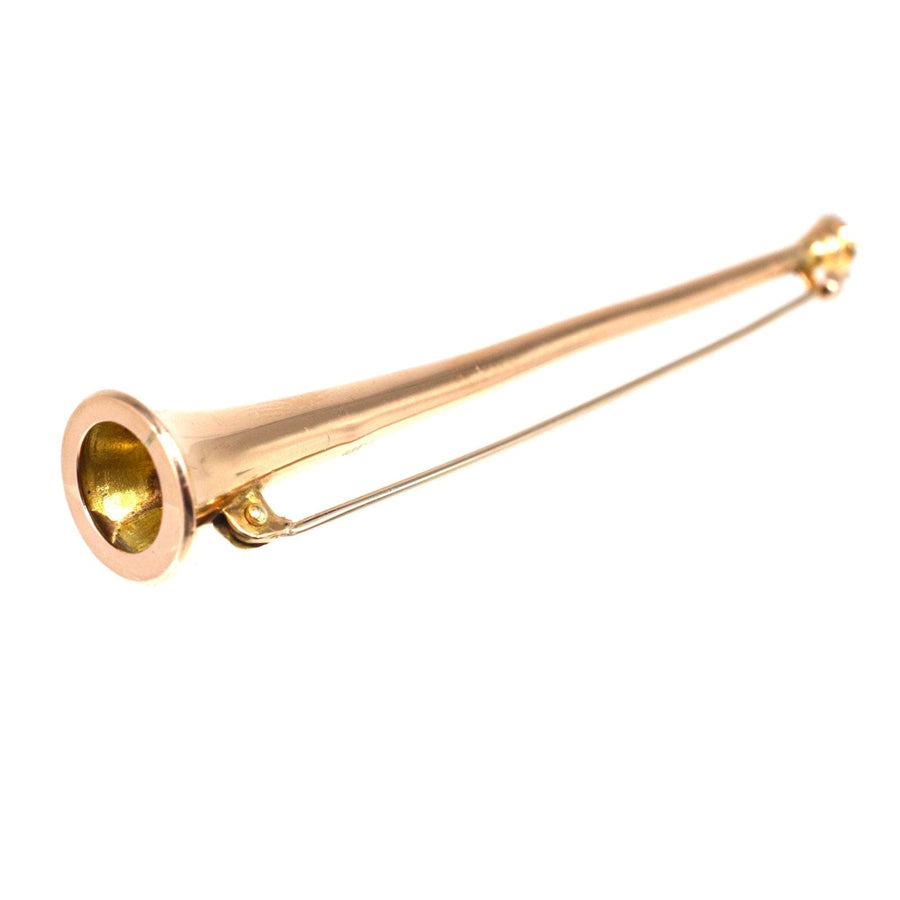 Elegante Miniatur-Edwardian 9ct Gold Jagdhorn-Brosche, perfekt für Revers oder Krawatten, eine schrullige Note zu jedem Outfit hinzuzufügen.