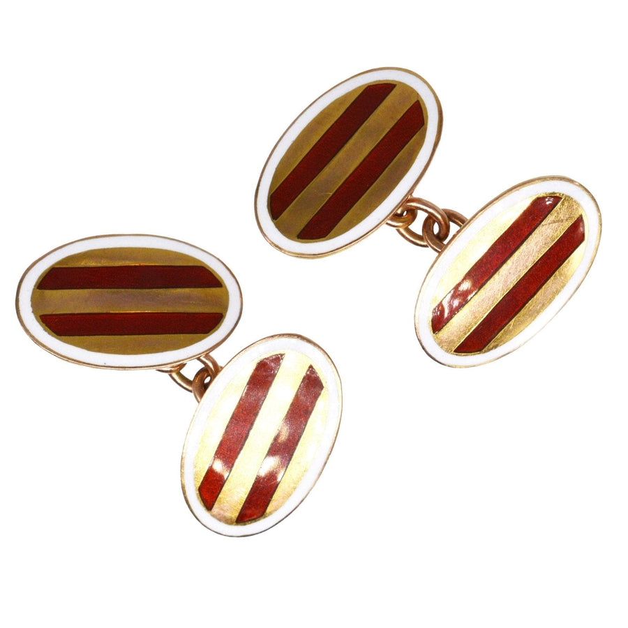 Ovale Manschettenknöpfe aus edwardianischem 9-karätigem Gold mit rot gestreifter Emaille und weißem Rahmen, hergestellt von Henry Hobson & Sons.
