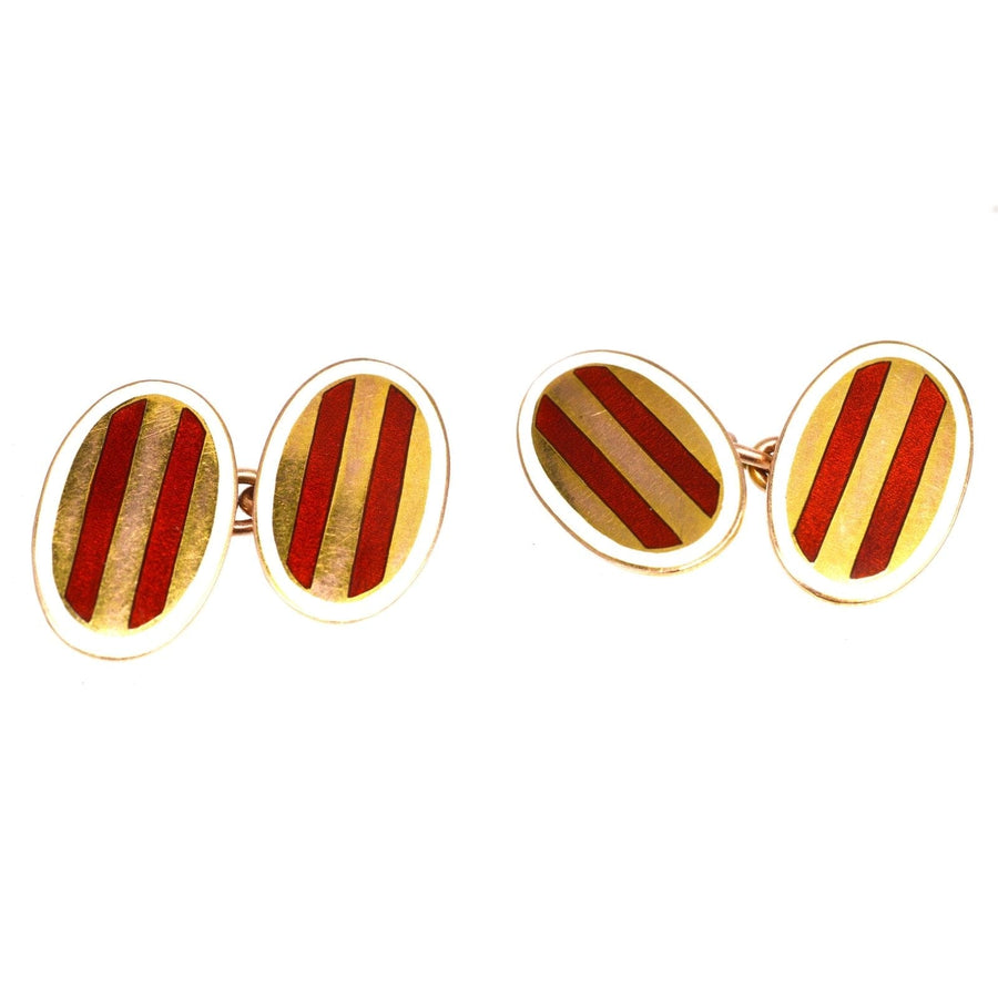 Ovale Manschettenknöpfe aus edwardianischem 9-karätigem Gold mit rot gestreifter Emaille und weißem Rahmen, hergestellt von Henry Hobson & Sons, um 1910.
