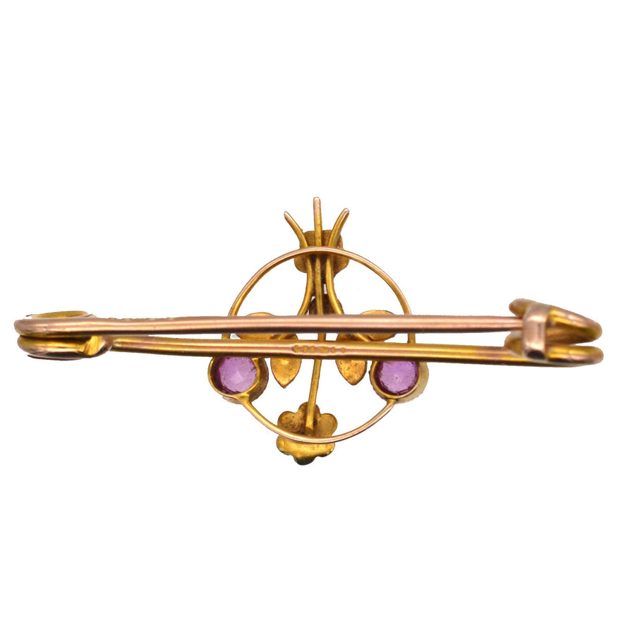 Edwardian 9ct Gold Brosche mit rosa Saphir Blumen und Perle Blätter, perfekt für Revers oder Krawatte.