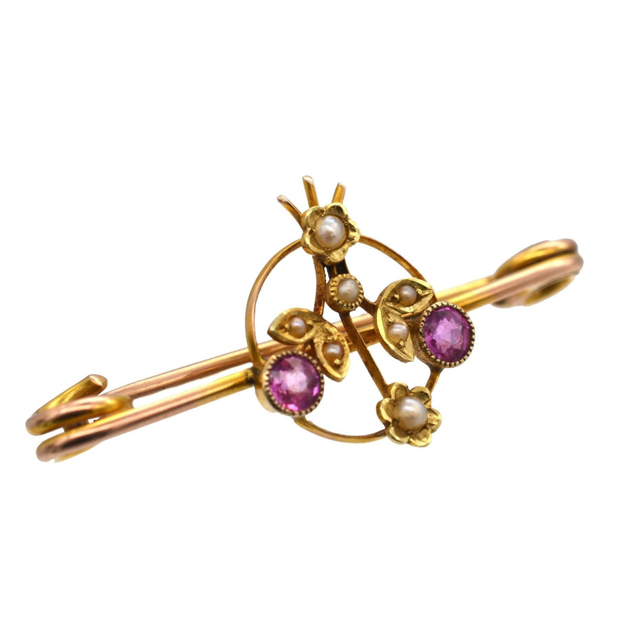 Edwardian 9ct Gold Brosche mit rosa Saphir Blumen und natürlichen Split Perle Akzente.