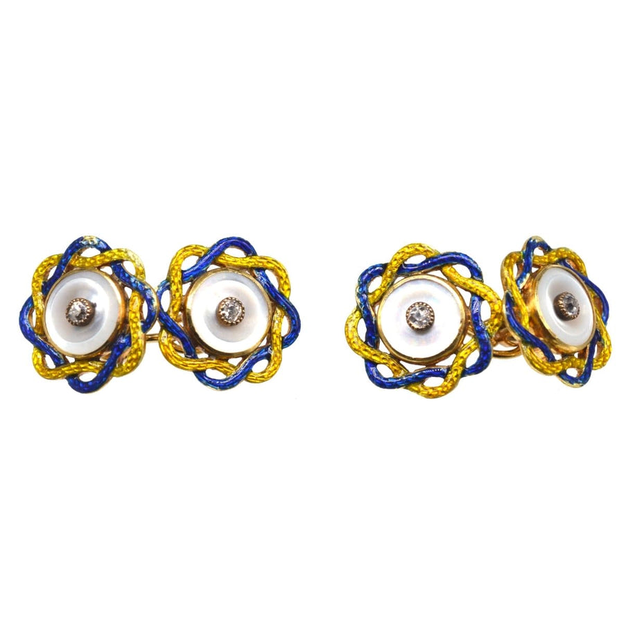 Edwardian Manschettenknöpfe mit Perlmutt, Diamant-Center, und blau-gelbe Emaille Gold Seil Design.