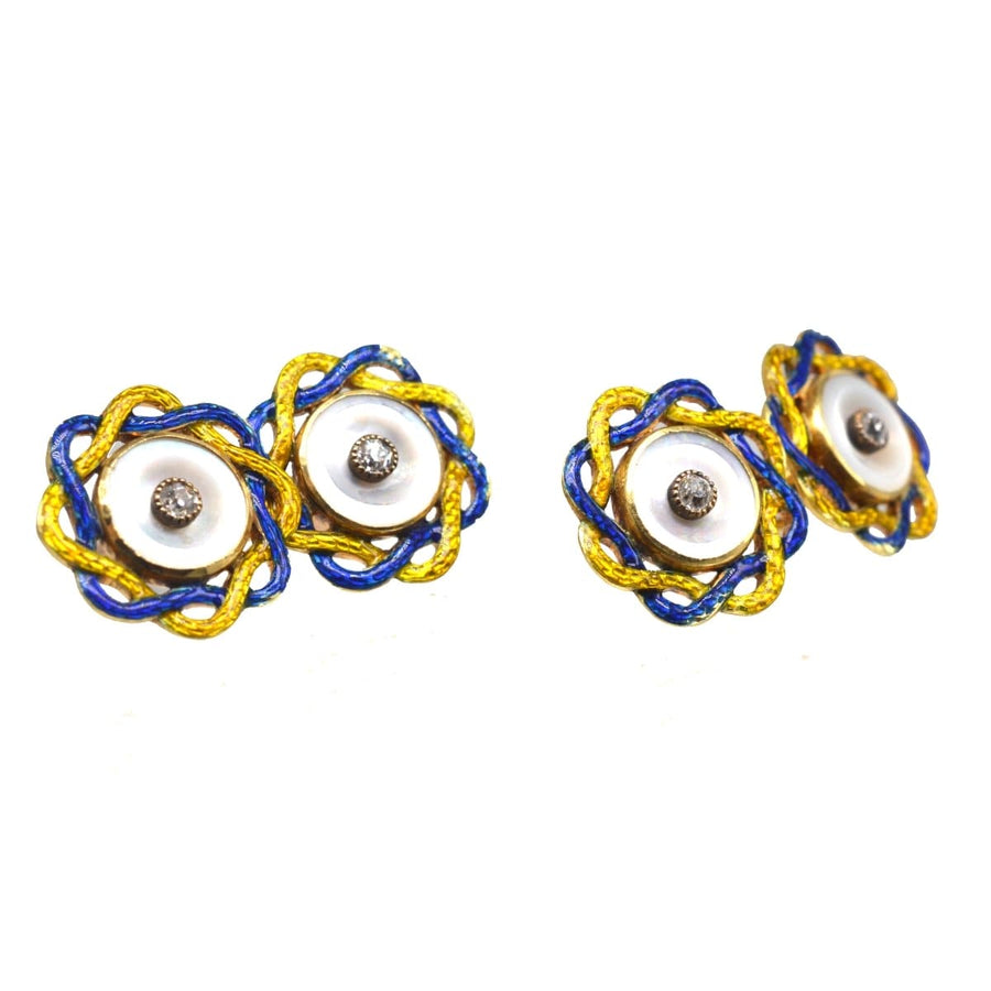 Elegante edwardianische Manschettenknöpfe mit Perlmutt, Diamanten und leuchtend blauem und gelbem Emaille-Design.