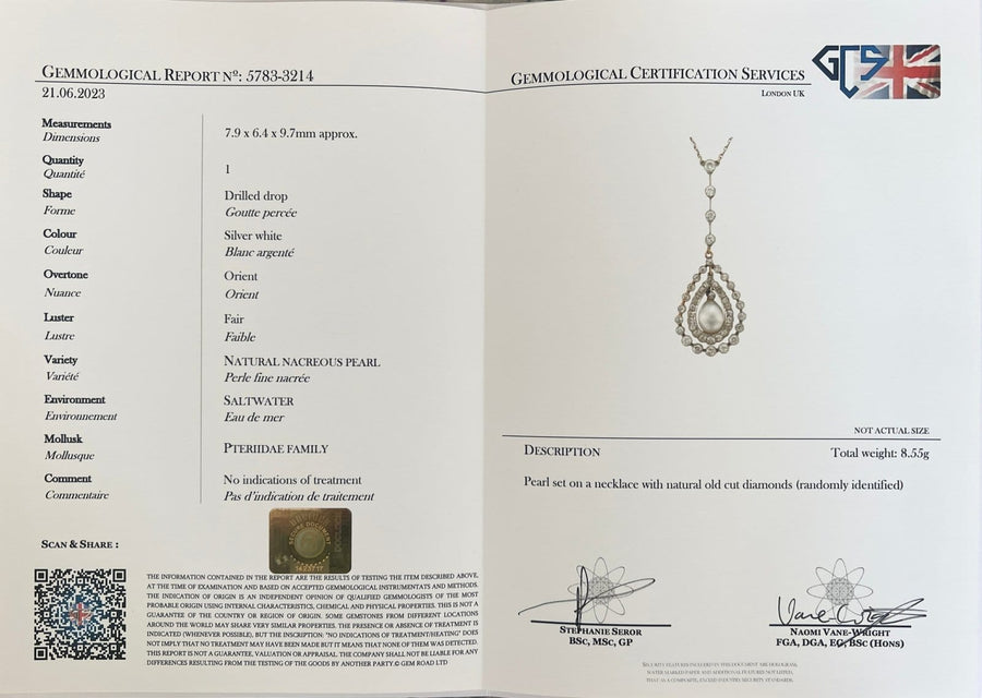 GCS-Zertifikat für einen Anhänger aus natürlichen Salzwasserperlen mit Diamanten, Berichtsnummer 5783-3214.