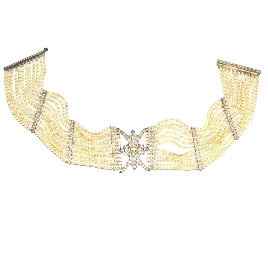 Edwardianisches Silber-, Strass- und Perlen-Kropfband mit mehrlagigen Strängen und dekorativem Mittelteil.