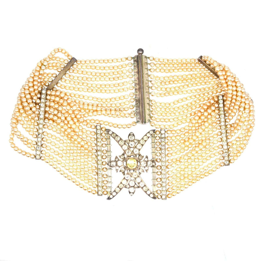 Edwardianisches Silberhalsband mit Strass und Perlen, mit kompliziertem Design und mehreren Strängen.