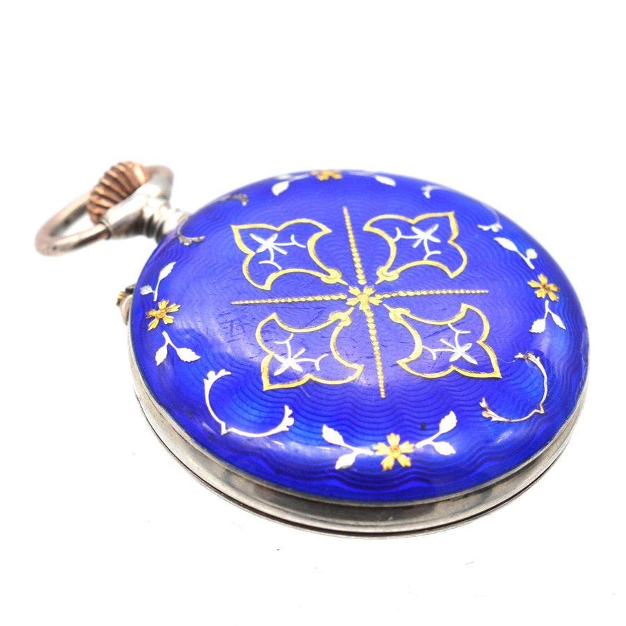 Edwardianische silberne Taschenuhr mit königsblauem guillochiertem Email und goldenem Blumenmuster, 1910 nach London importiert.