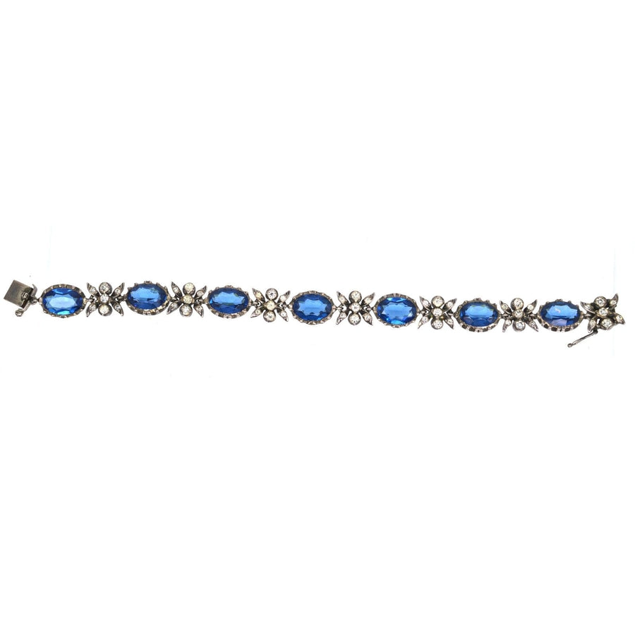 Elegantes edwardianisches Silberarmband mit saphirblauen und weißen Strasssteinen, ideal für ein wunderschönes Accessoire-Set.