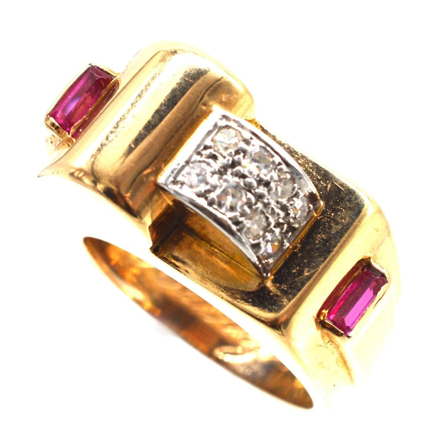 1940er Jahre Französisch 18ct Gold und Platin Diamant Rubin Schnalle Ring, einzigartige Engagement oder Kleid Ring.